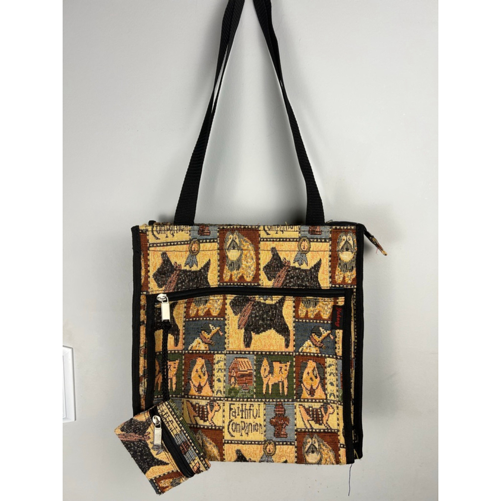 Yuhong Tapestry Tote Bag w/ Coin Purse Tan/Black Dog Print. Faithful Companion - Picture 1 of 7